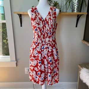 Banana Republic Orange White Blue Pleated V Neck Drop Waist Dress Size 2